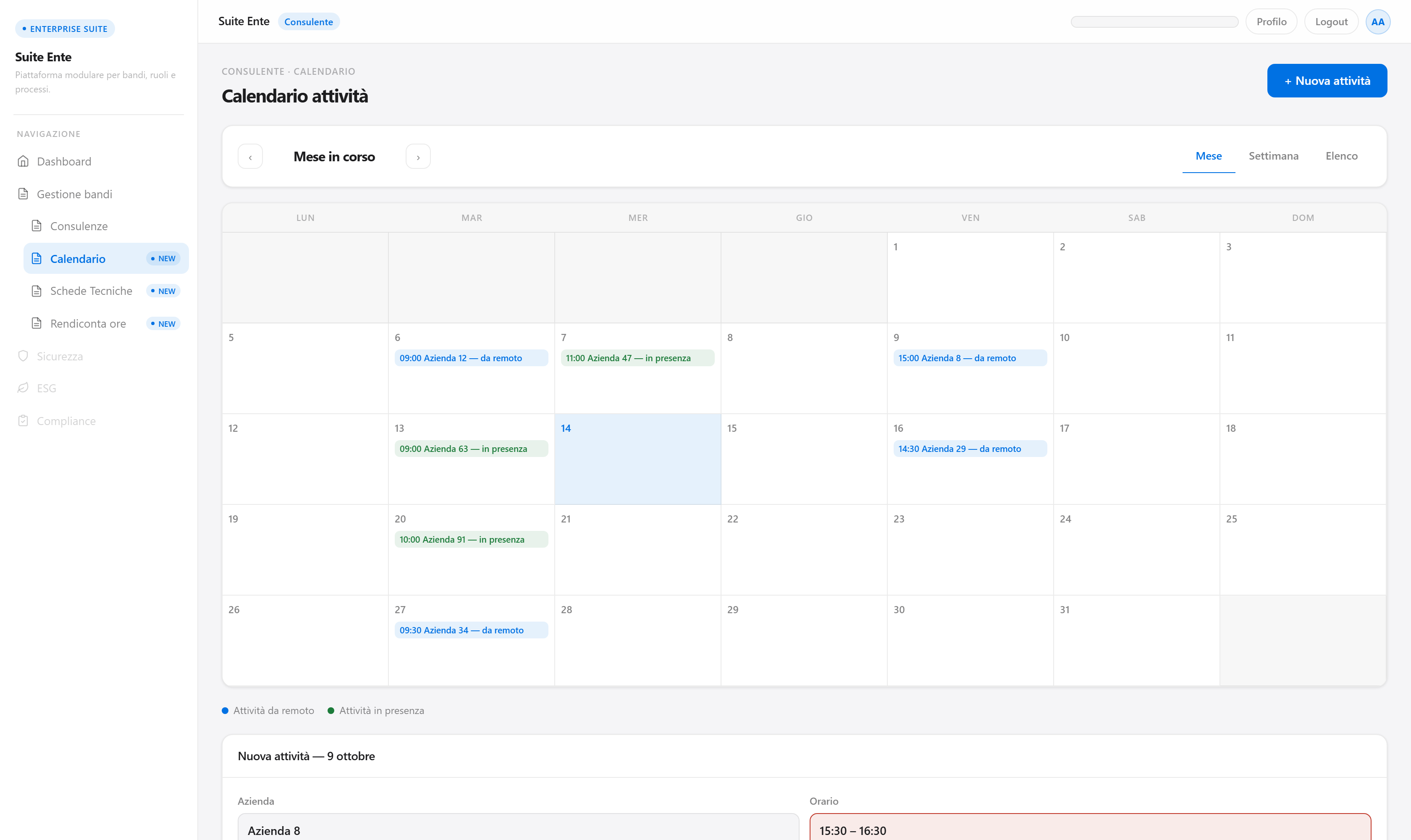 Calendario delle attività  del consulente, con blocco automatico delle sovrapposizioni orarie